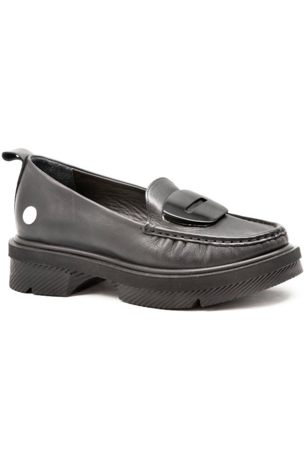 D25Ya-0850 Black Skin Leather Women's Loafer Shoes
