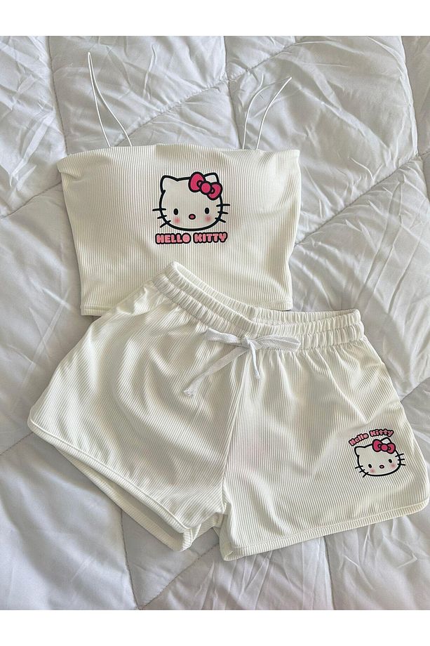 Hello Kitty Askılı Crop ve Şort Pijama Takımı - 2