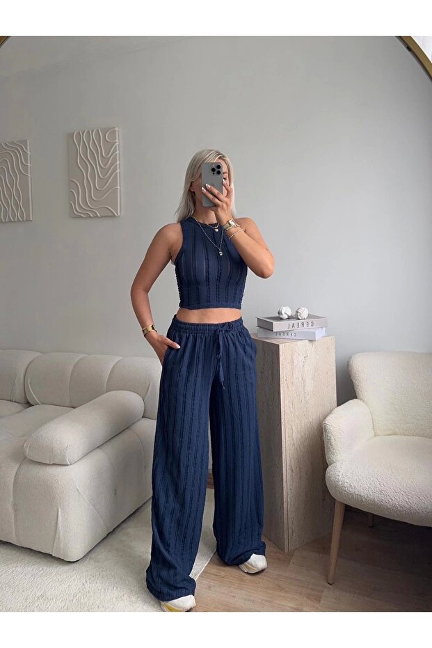 Halter Ribbed Double Set - Dark Blue