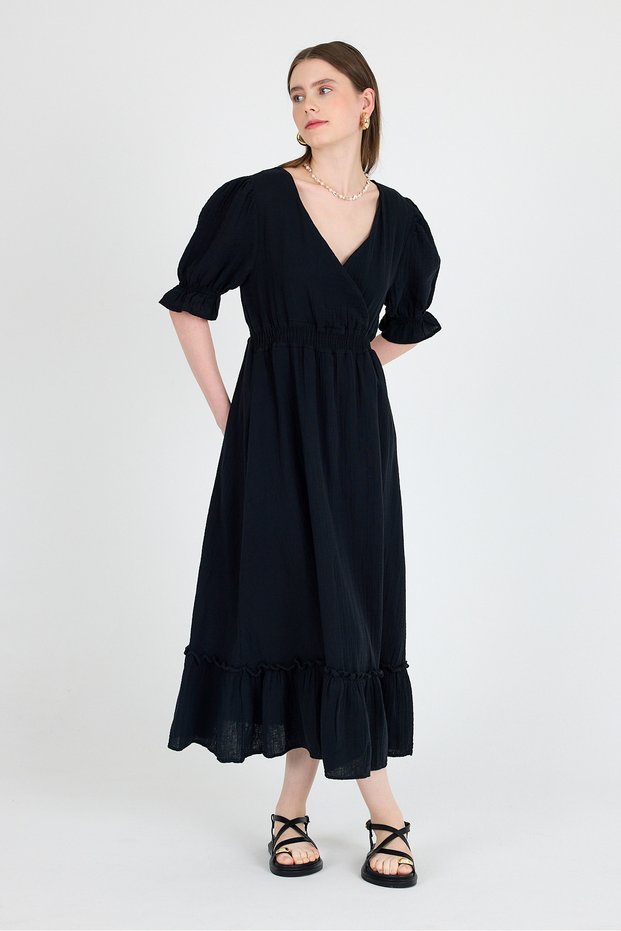 Black 100% Cotton Muslin V-Neck Waist Elastic Midi Dress 4780A