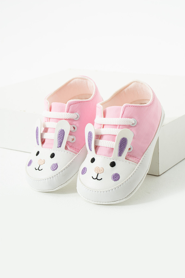 First Step Lace-Up Rabbit Embroidered Comfortable Non-Slip Sole Baby Girl Booties Shoes