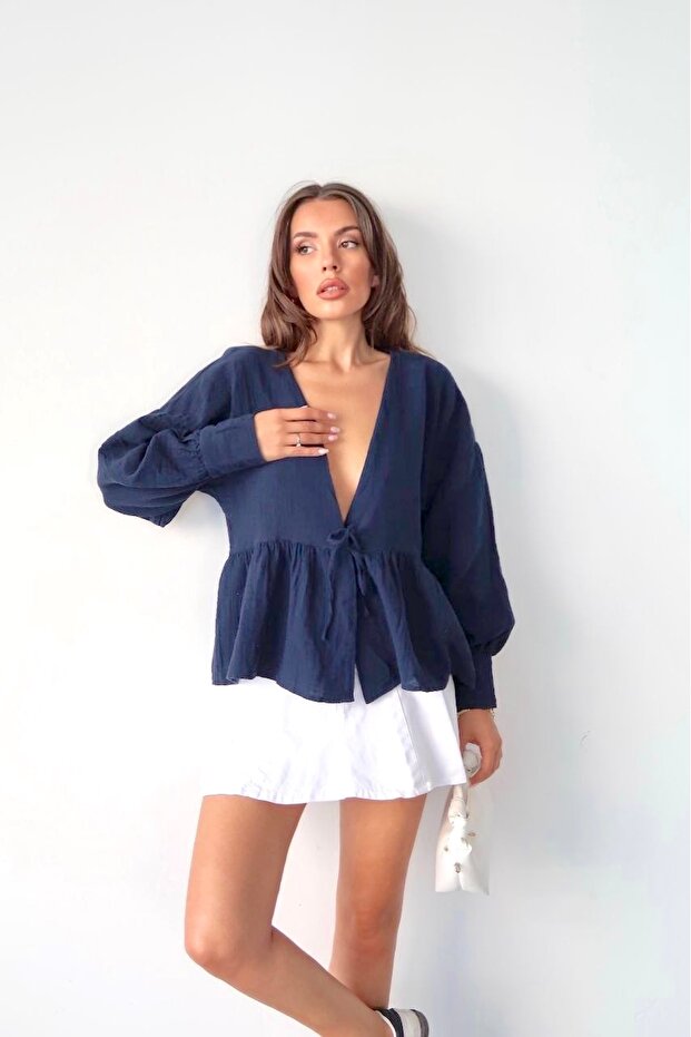 Women's Navy Blue Front Tie Long Sleeve Muslin Fabric Kimono Blouse