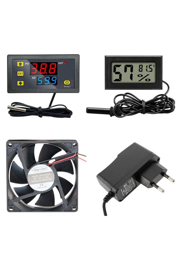 Kuluçka Makinesi Seti - 4 Parça - W3230 Termostat 220V - Isı Nem Ölçer - 12V Adaptör - 80x80 12V Fan - 1