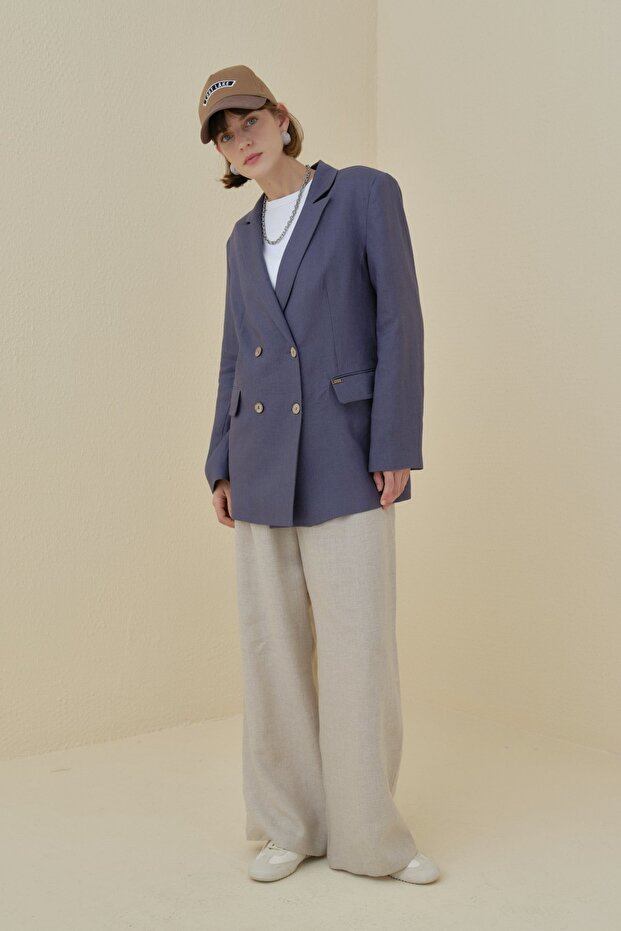 Keten Blazer Ceket İndigo - 3