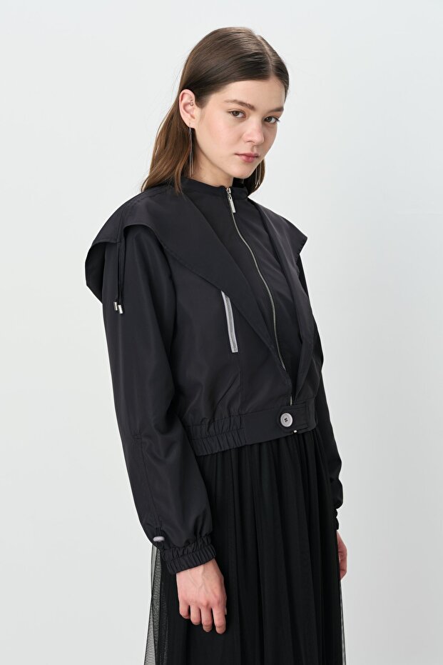 Drawstring Hooded Short Jacket Black - 4