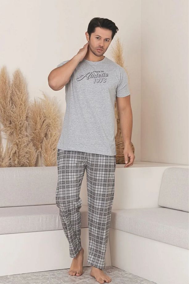 Dreamy Pamuklu Ekose Kareli Kısa Kollu Örme Erkek Pijama Takımı - 2