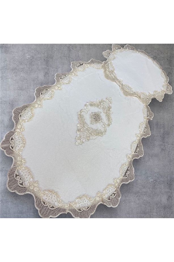 2li Set Çeyizlik Fransız Dantelli Aplikli klozet Takımı Banyo Halısı Paspas Seti (60x100)ve (50x60) - 1