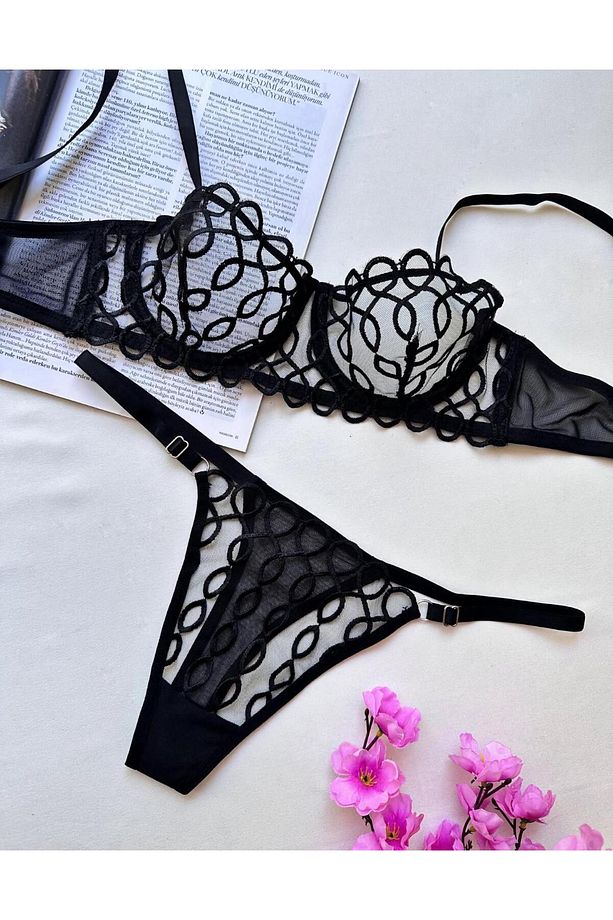 Sütyen Takımı - Siyah Halka Desenli Transparan Tül Bralet & String Külot Takım - 4