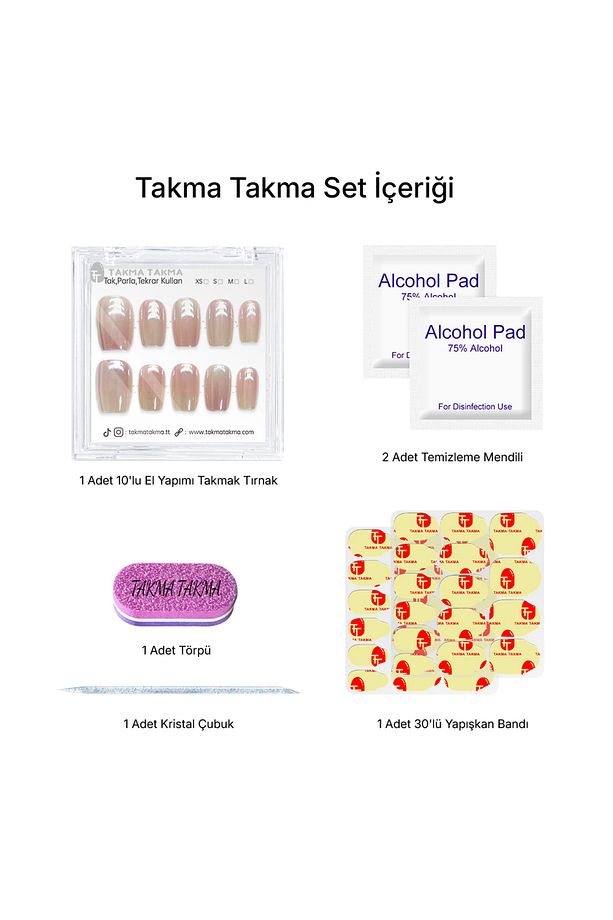 TT1138 - Şampanya Işıltısı - 10'lu Tekrar Kullanılabilir El Yapımı Protez Takma Tırnak XS-Pembe - 3