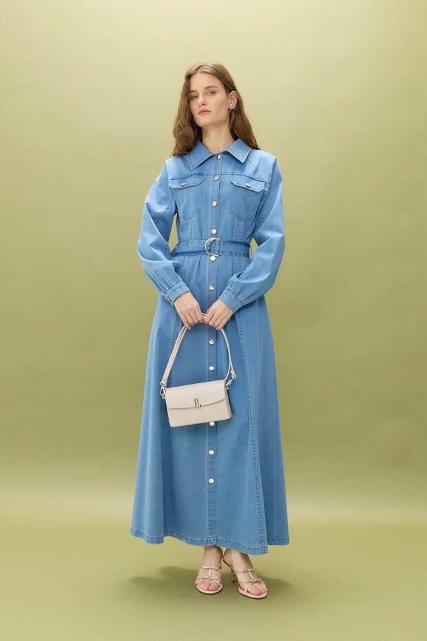 Front Buttoned Jeans Denim Dress Ice