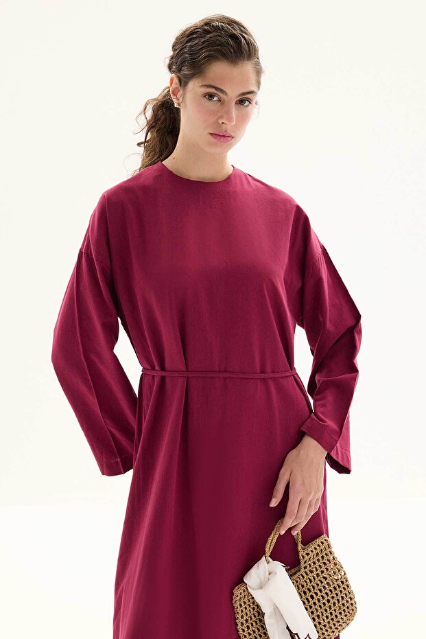 Basic Organik Bordo Elbise - 2
