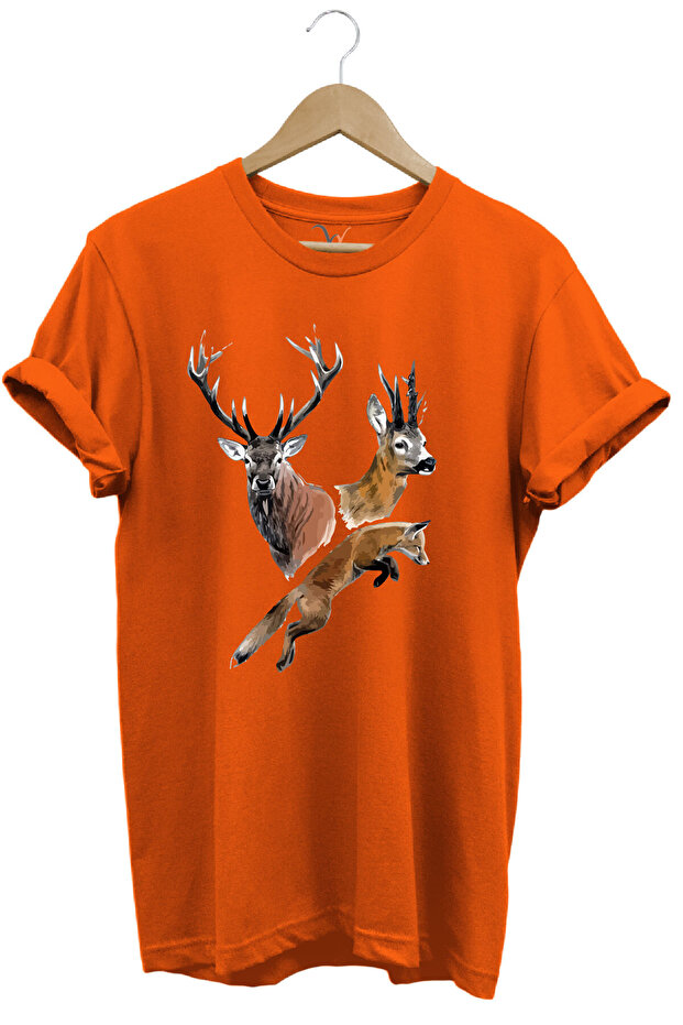 تي شيرت مطبوع عليه Hunting Hunter Deer and Fox مصنوع من القطن بنسبة 100%