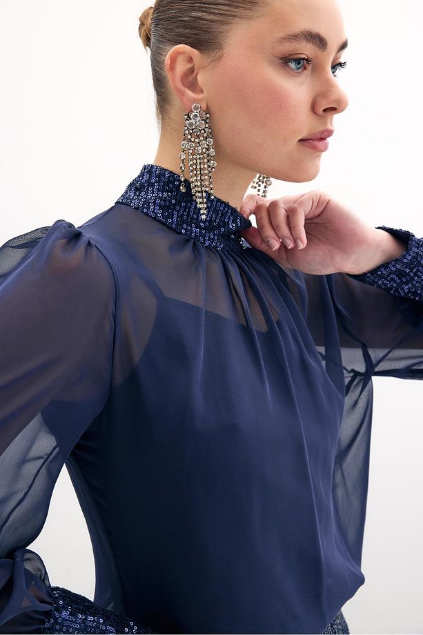 Payet Detaylı Bluz - Lacivert - 6