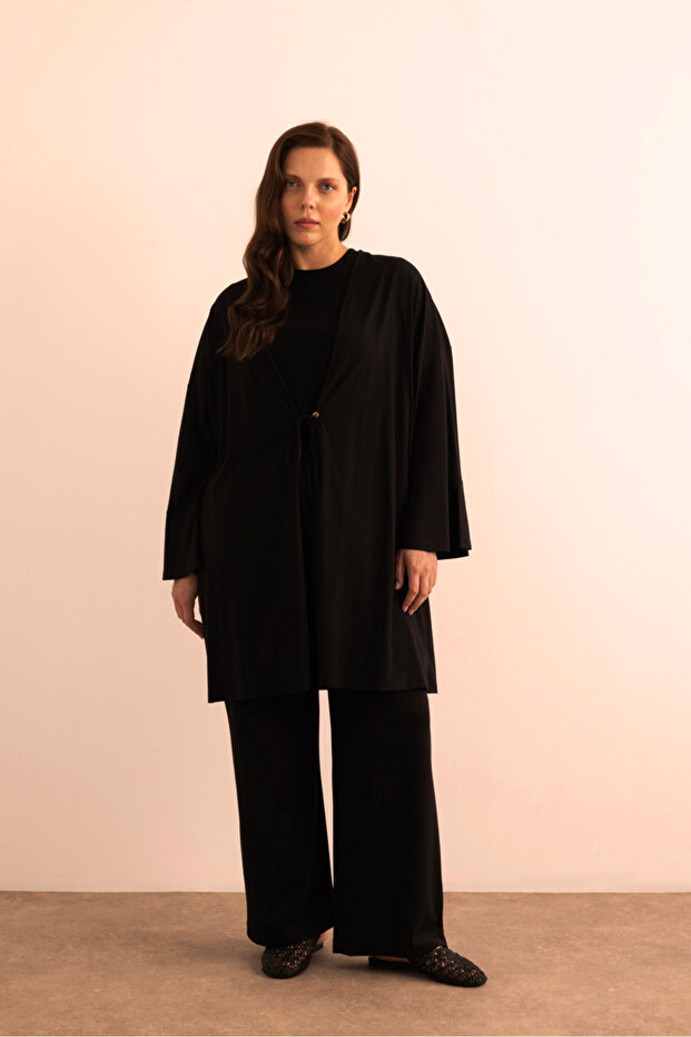 Önden Bağcık Detaylı Örme Kimono - 2