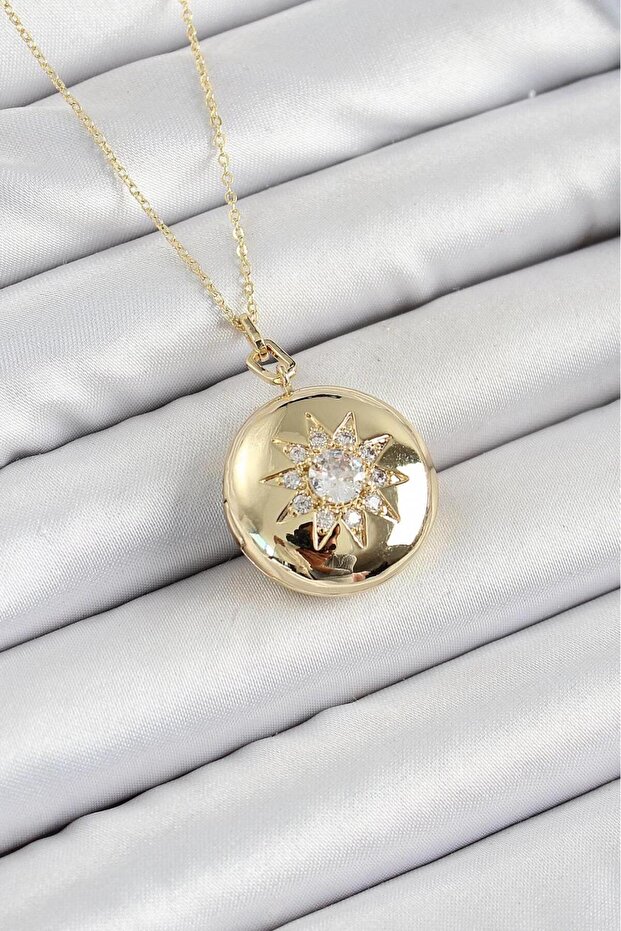 316L Steel Chain Openable Medallion Zircon Stone Gold Color Necklace