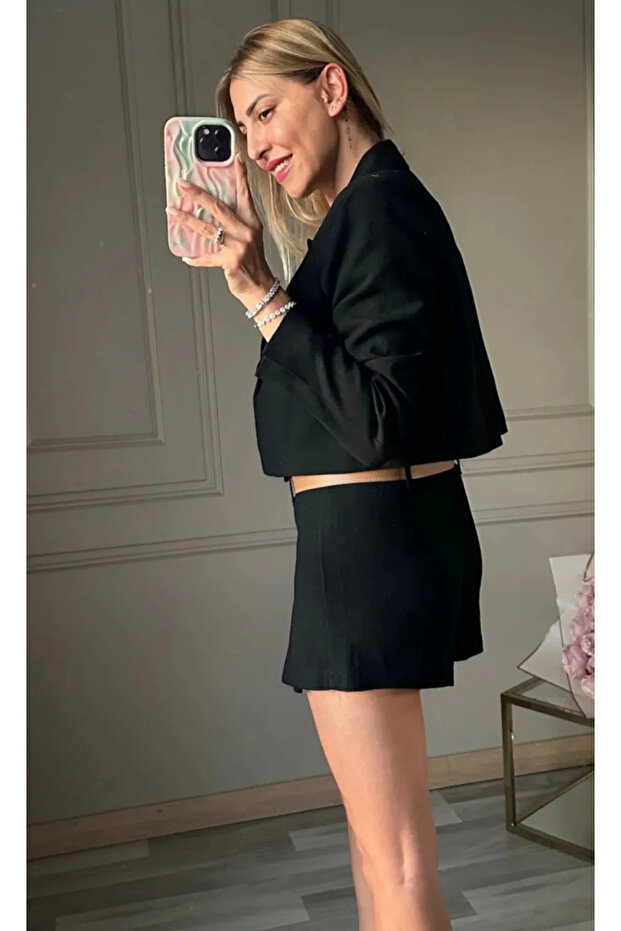 Siyah Crop Ceket Şort Etek Takım - 2