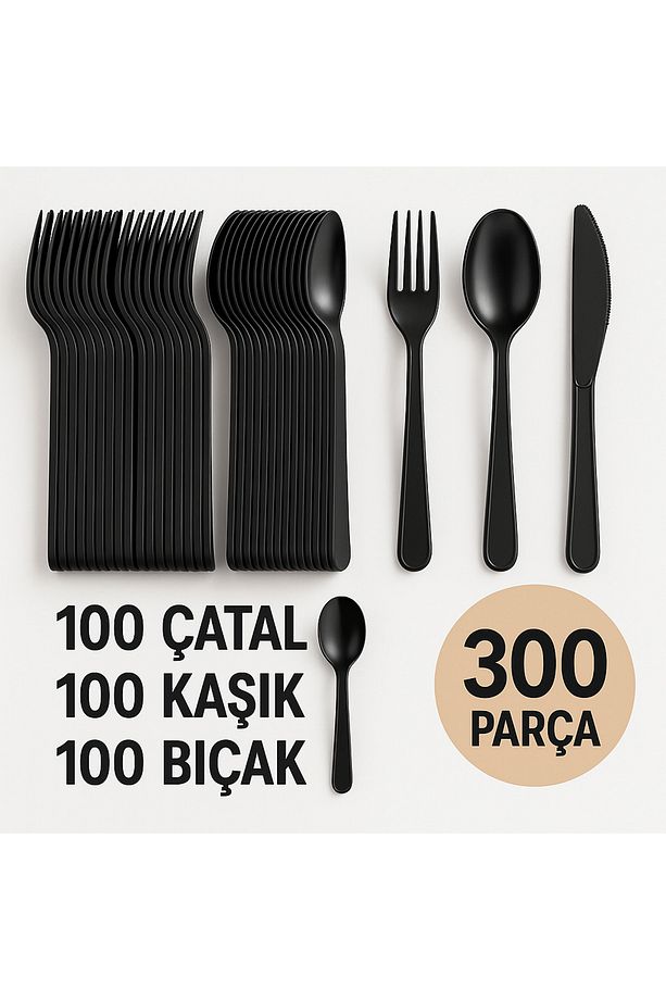 Siyah Plastik Çatal Kaşık Bıçak Seti 300 Parça – Dayanıklı ve Şık Tek Kullanımlık Parti Seti- - 1