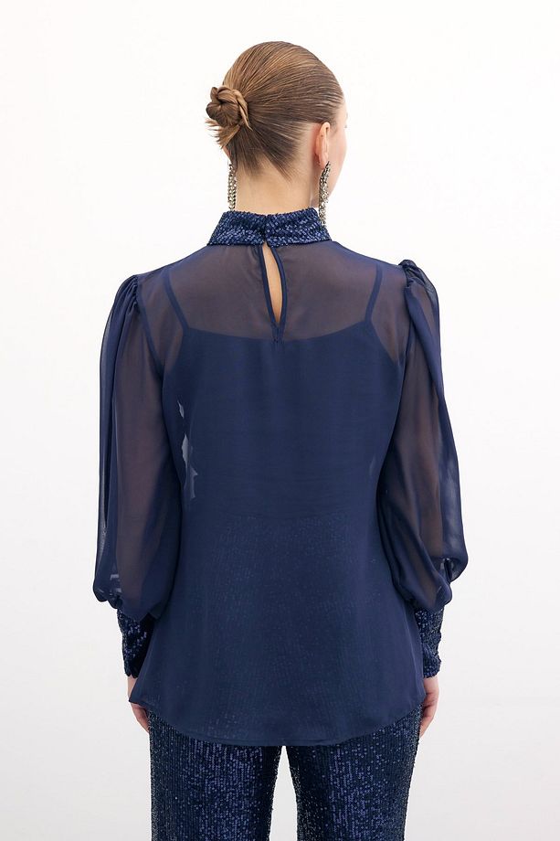 Payet Detaylı Bluz - Lacivert - 7