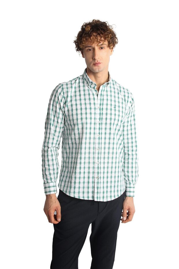 Men's Green Dynamic Fit Buttoned Collar Plaid Long Sleeve Pocketless 100% Cotton Shirt