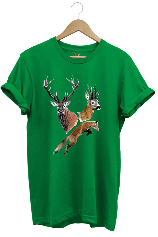 تي شيرت مطبوع عليه Hunting Hunter Deer and Fox مصنوع من القطن بنسبة 100%