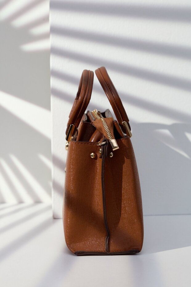 Simli Tote Çanta Taba - 5