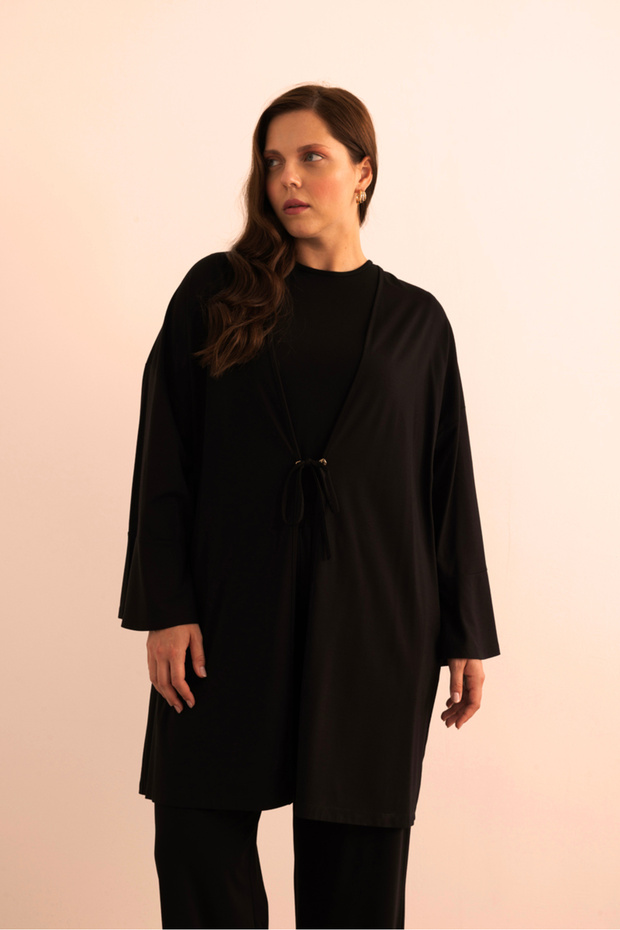 Önden Bağcık Detaylı Örme Kimono - 4