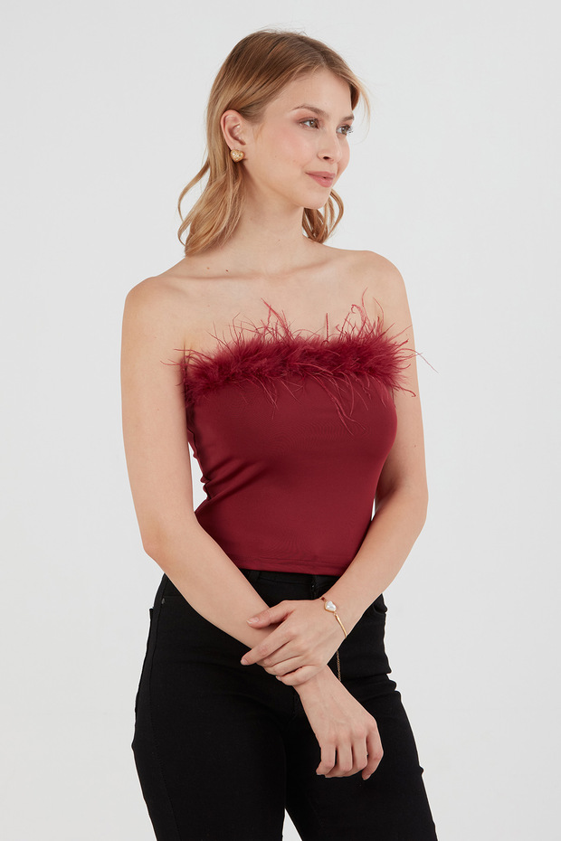 Basic Tüylü Straplez Crop Bluz - 4