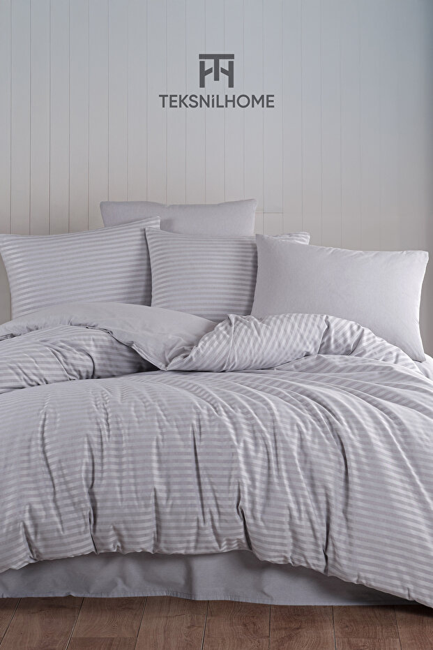 100% Cotton Gray Natural Stripe Duvet Cover Set 3 Pieces (Double)