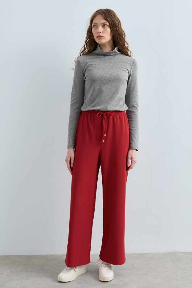 Beli Lastikli Bol Paça Örme Pantolon Kiremit - 2