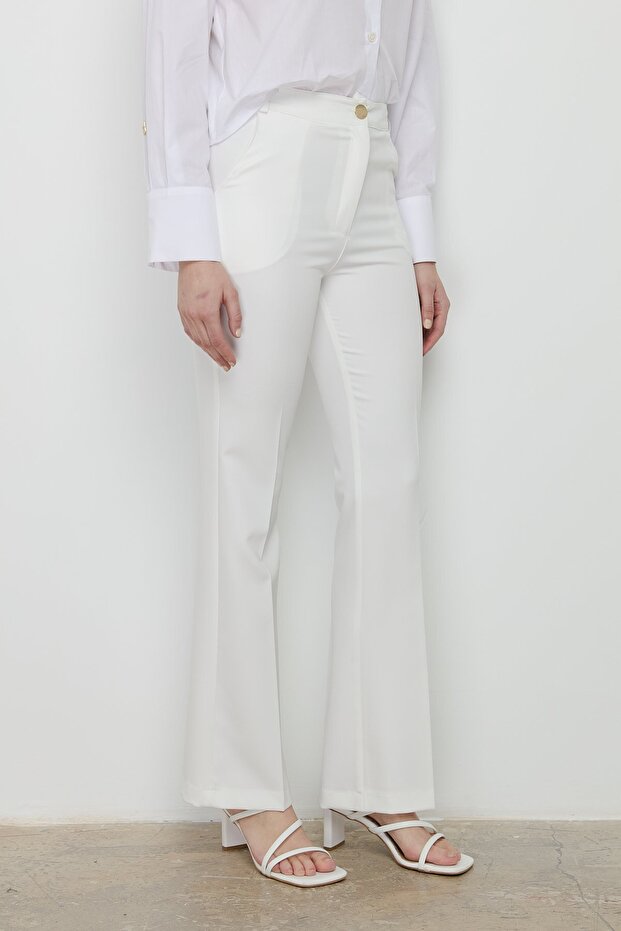 Ütü İzli İspanyol Paça Pantolon Ekru - 2