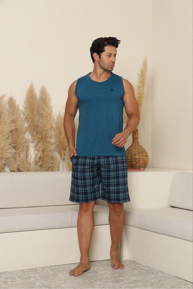 Erkek Ekoseli Pamuklu Sıfır Kollu Şortlu Pijama Takımı - 1