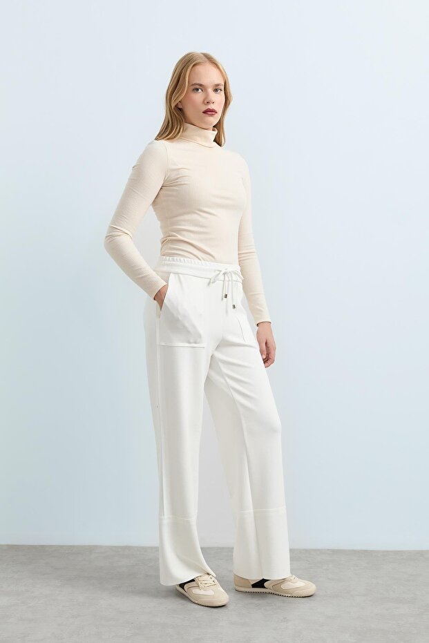 Beli Lastikli Örme Bol Pantolon Ekru - 3