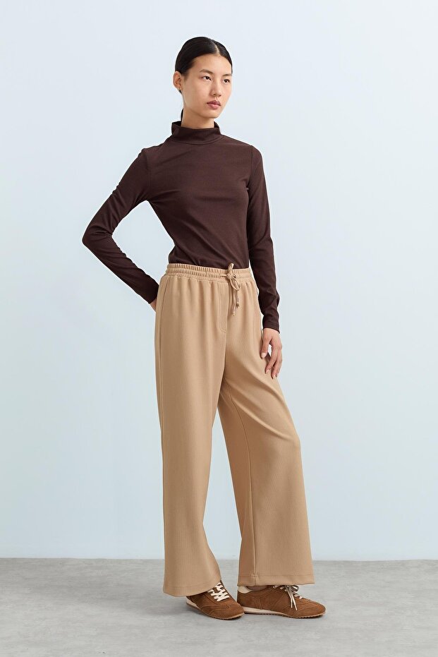 Beli Lastikli Bol Paça Örme Pantolon Camel - 2