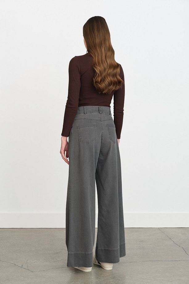 Geniş Paça Kot Denim Pantolon Gri - 4