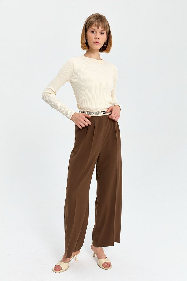 Önü Pilili Bol Paça Pantolon Kahve - 3