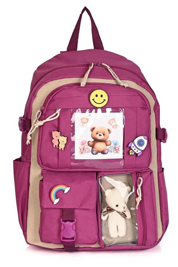 Kawaii Korean Style School Backpack with Accessories and Teddy Bear Fuchsia