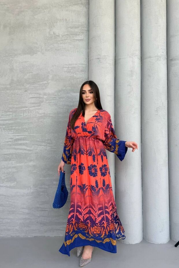 Long Sleeve Double-Breasted Collar Multicolor Patterned Women's Dress