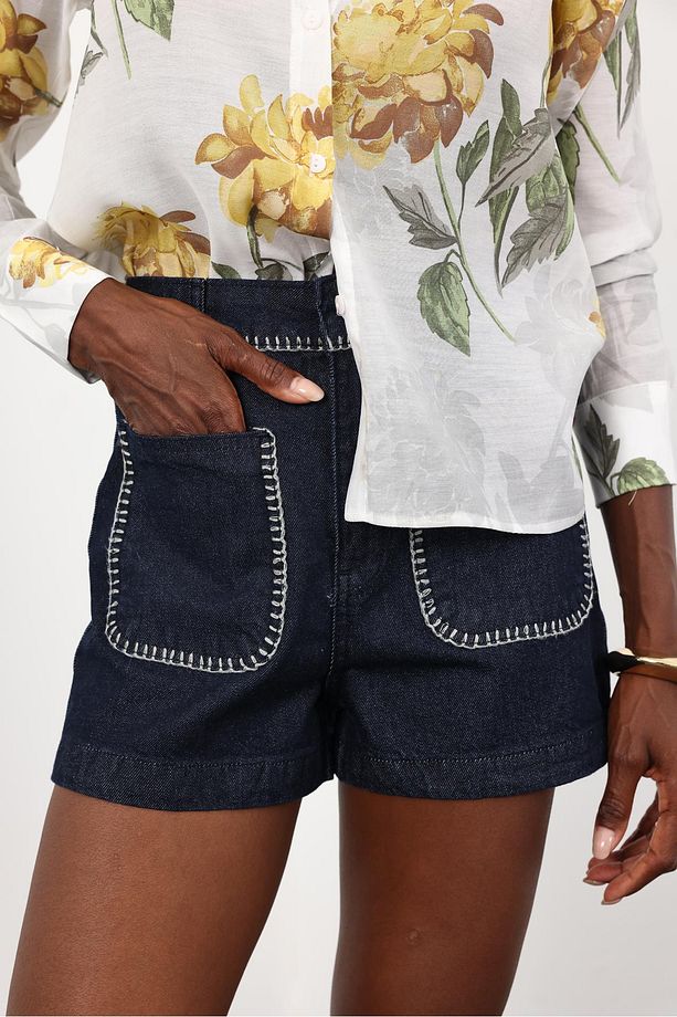 Rins Yıkamalı Kroşeta Dikişli Denim Şort - 5