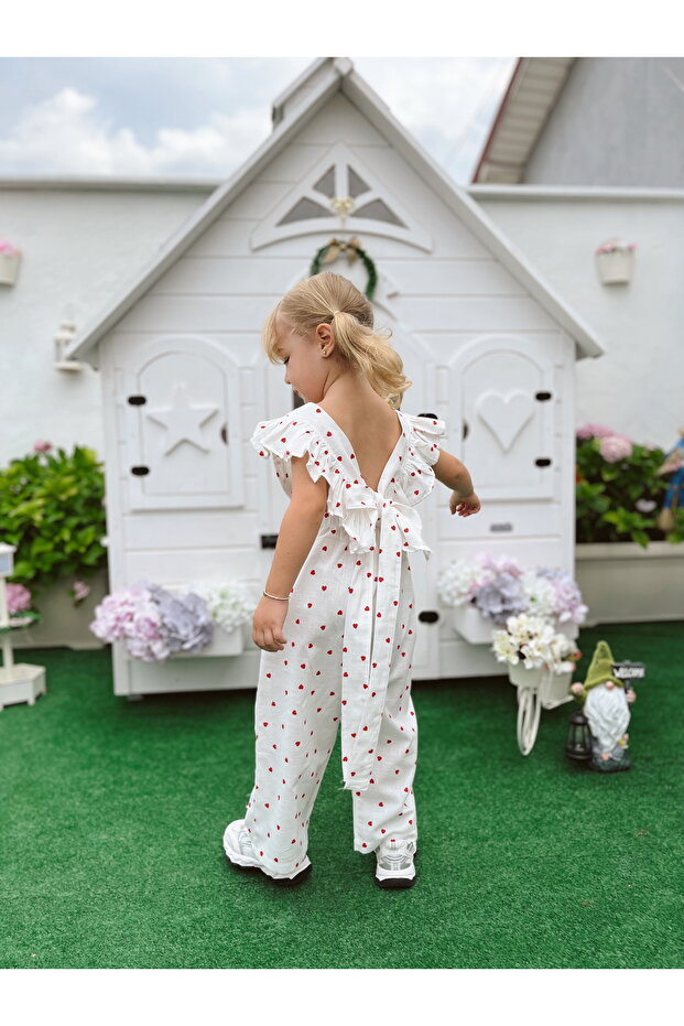 Girl's Heart Pattern Ruffle Back Detail Jumpsuit
