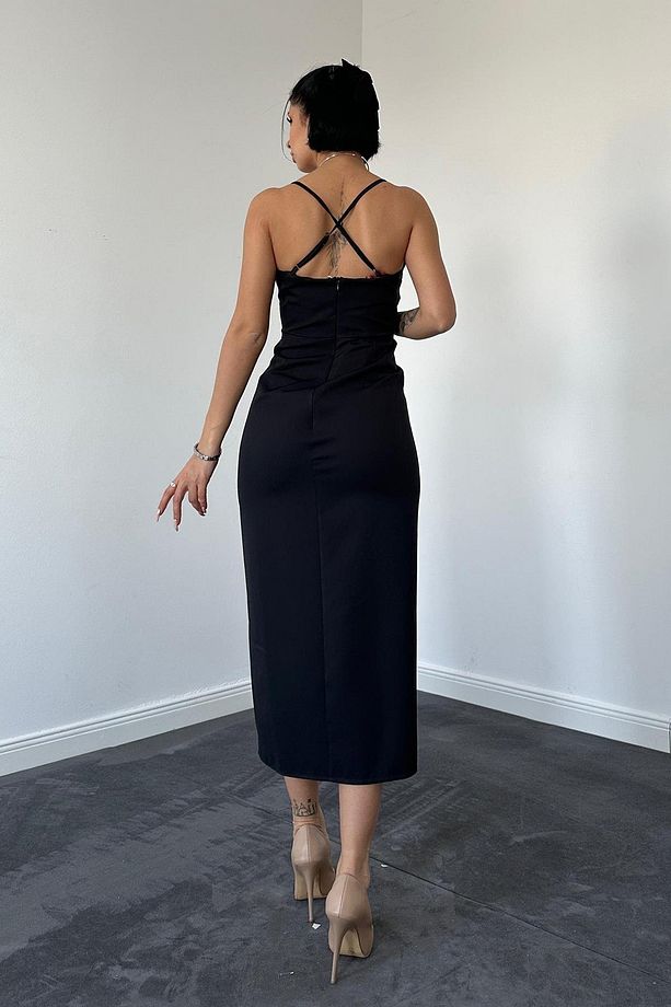 çapraz Askılı Yan Yırtmaçlı Saten Görünümlü Midi Slip Elbise - 2