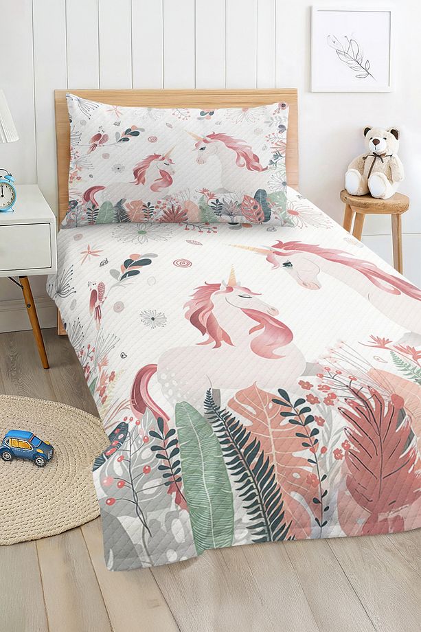 Unicorn Desenli Pembe Yaprak Motifli Kız Çocuk ve Genç Odası Pike Takımı - 1