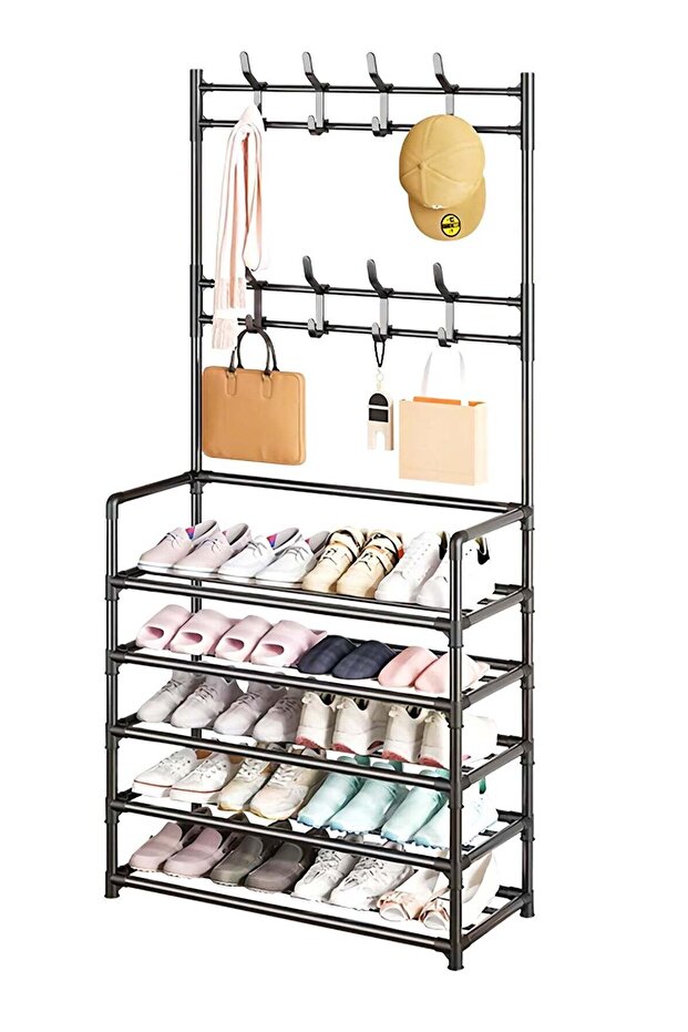5-Tier Shoe Rack with Coat Rack, 3-in-1 Freestanding Clothes Organizer with 8 Hooks, Space-Saving Sh