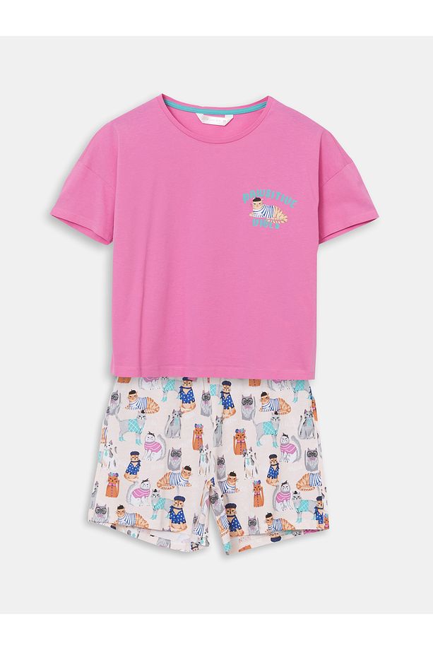 Bisiklet Yaka Baskılı Kadın Şortlu Pijama Takımı - 5