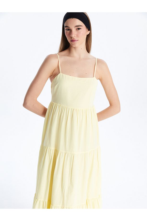 Kare Yaka Askılı Poplin Elbise - 5