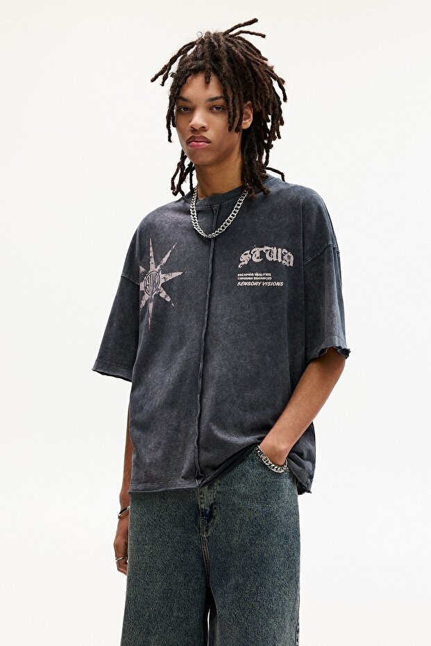 Yıpratılmış kısa kollu tişört - 1