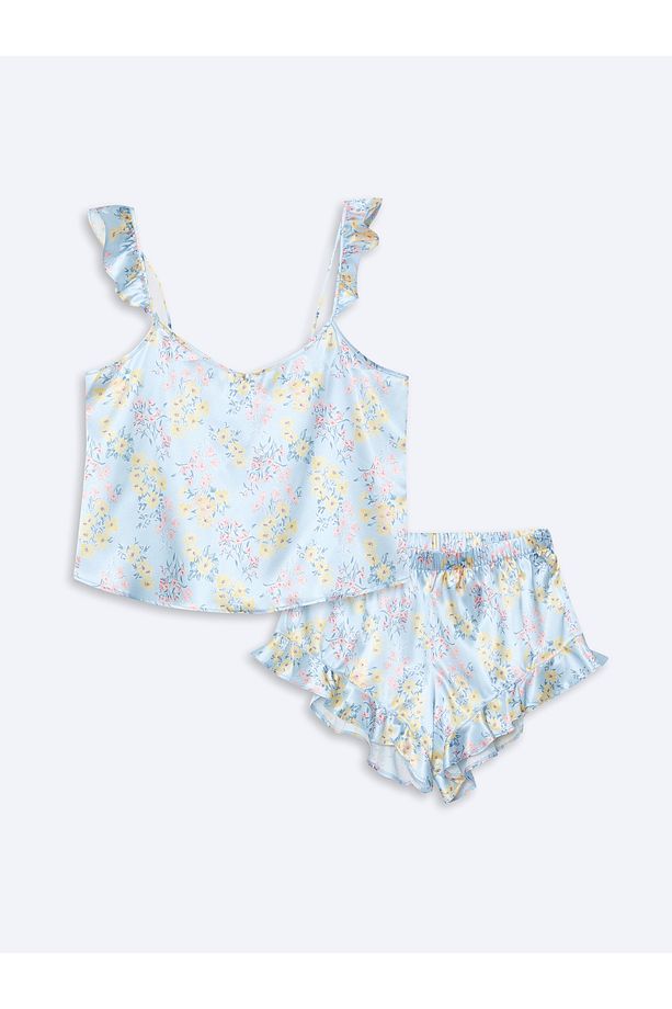 V Yaka Saten Kadın Şortlu Pijama Takımı - 5