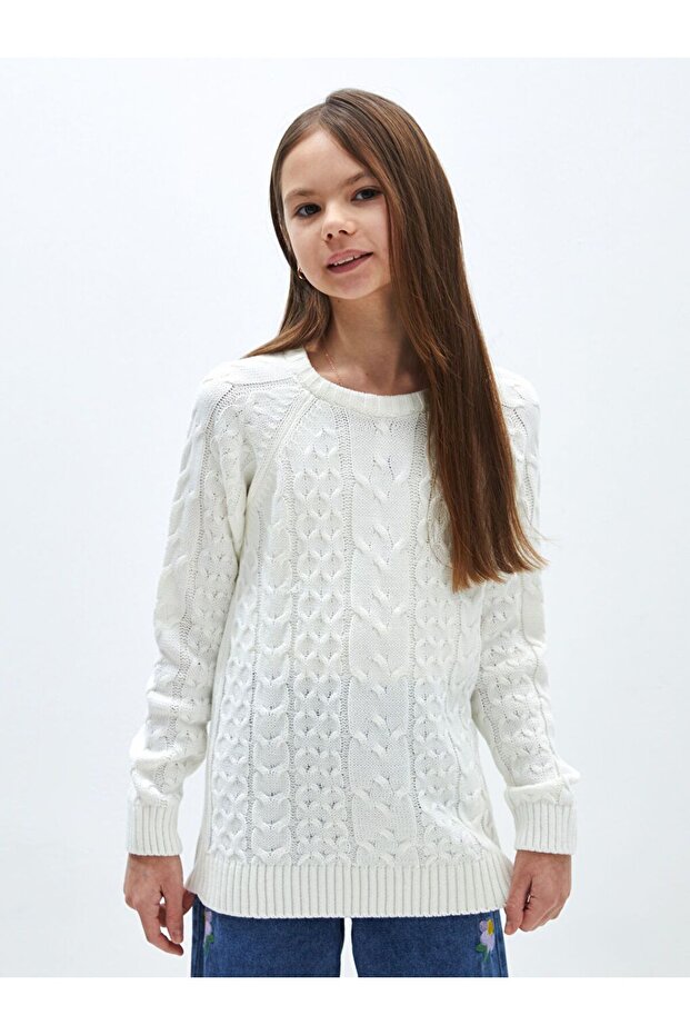 Crew Neck Hair Braid Patterned Long Sleeve Girl's Knitwear Sweater