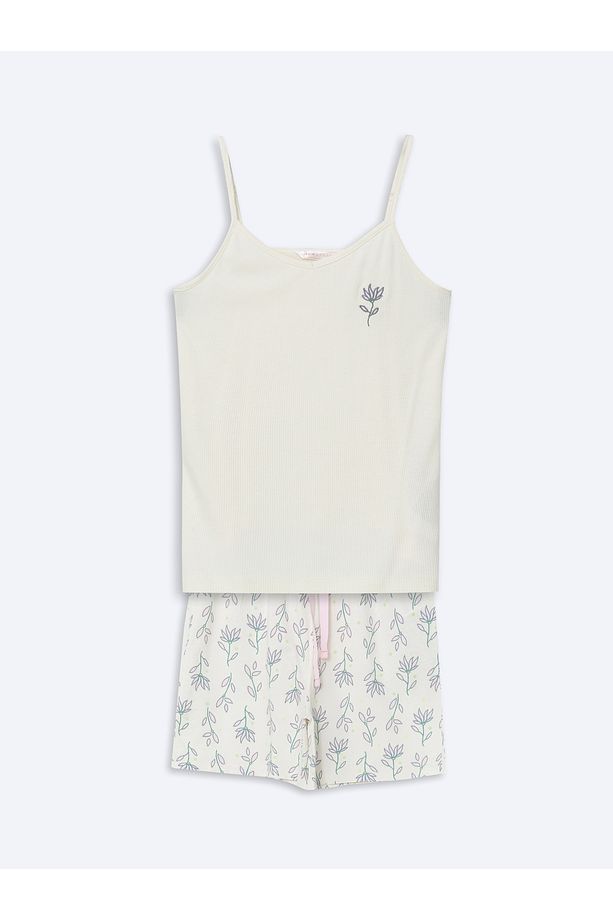 V Yaka Çiçekli Askılı Kadın Şortlu Pijama Takımı - 5