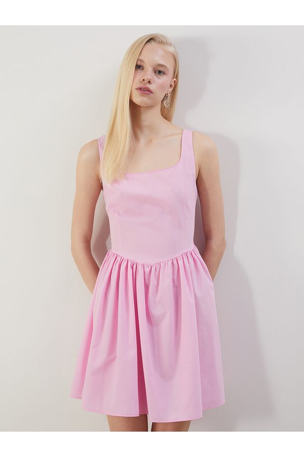 U Yaka Poplin Mini Elbise - 2