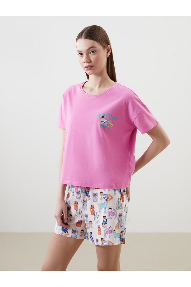 Bisiklet Yaka Baskılı Kadın Şortlu Pijama Takımı - 2
